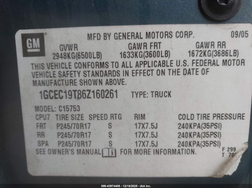 2006 Chevrolet Silverado 1500 Ls VIN: 1GCEC19T86Z160261 Lot: 43974408