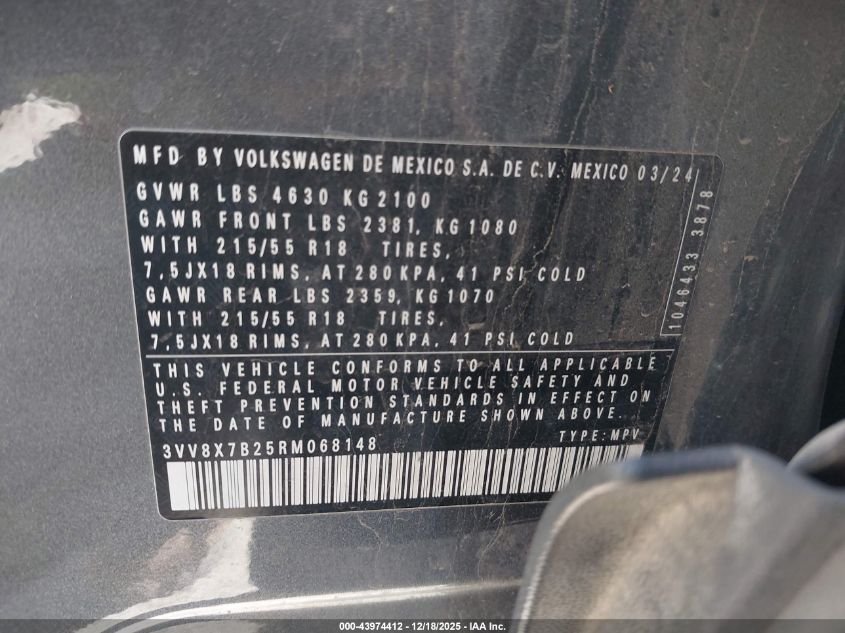 2024 Volkswagen Taos 1.5T S VIN: 3VV8X7B25RM068148 Lot: 43974412