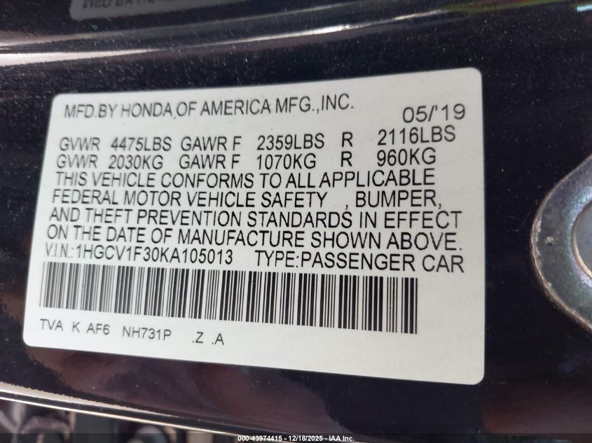 2019 Honda Accord Sport VIN: 1HGCV1F30KA105013 Lot: 43974415