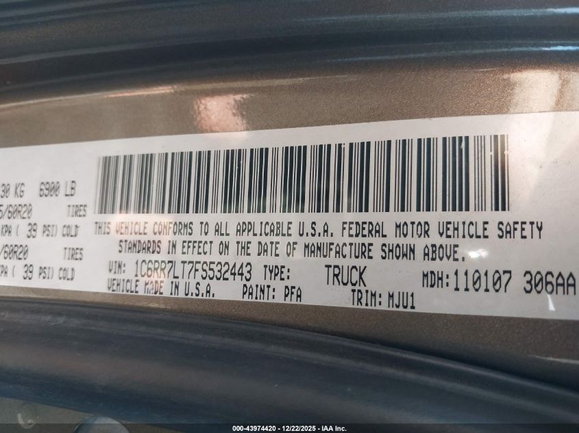 2015 Ram 1500 Big Horn VIN: 1C6RR7LT7FS532443 Lot: 43974420