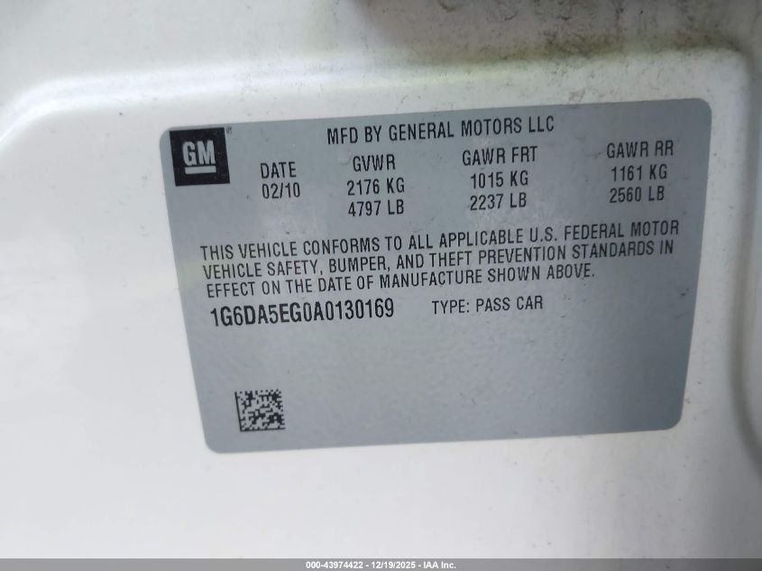 2010 Cadillac Cts Standard VIN: 1G6DA5EG0A0130169 Lot: 43974422