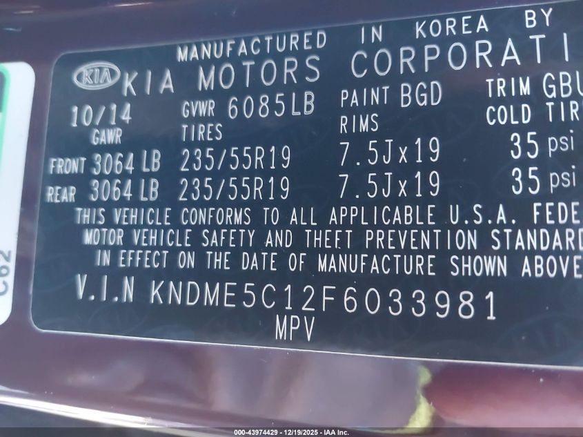 2015 Kia Sedona Sx Luxury VIN: KNDME5C12F6033981 Lot: 43974429