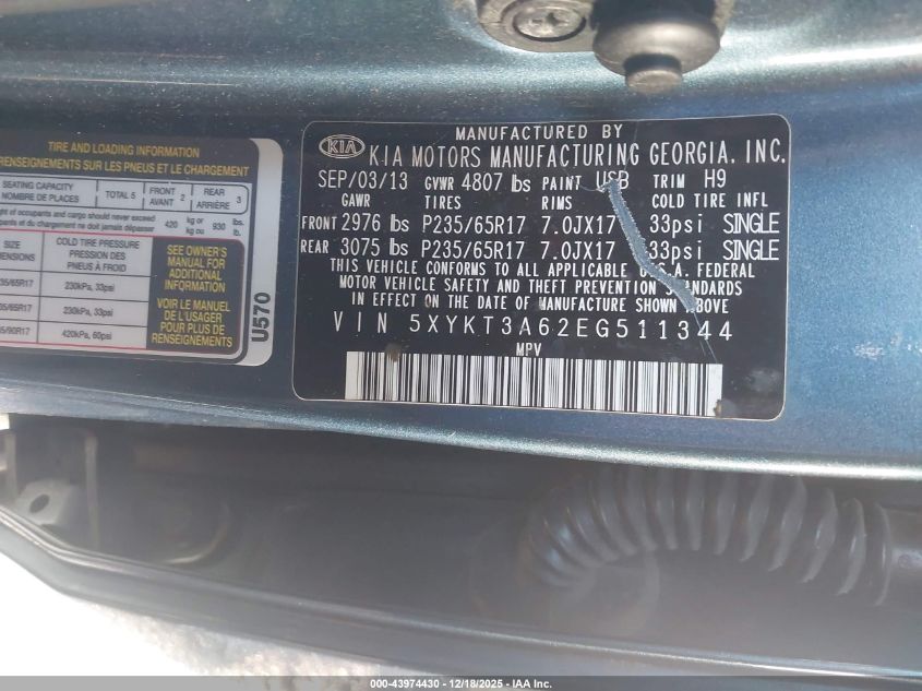 2014 Kia Sorento Lx VIN: 5XYKT3A62EG511344 Lot: 43974430