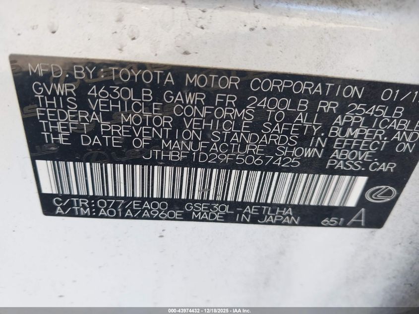 2015 Lexus Is 250 VIN: JTHBF1D29F5067425 Lot: 43974432