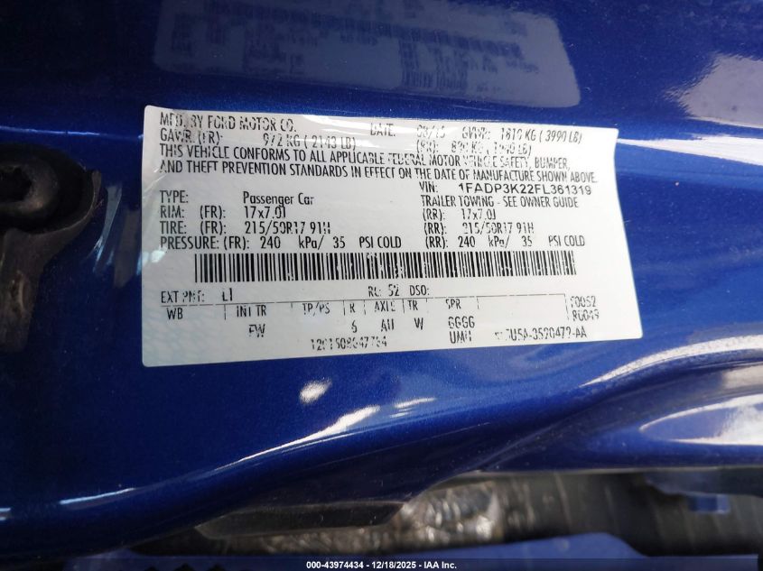 2015 Ford Focus Se VIN: 1FADP3K22FL361319 Lot: 43974434