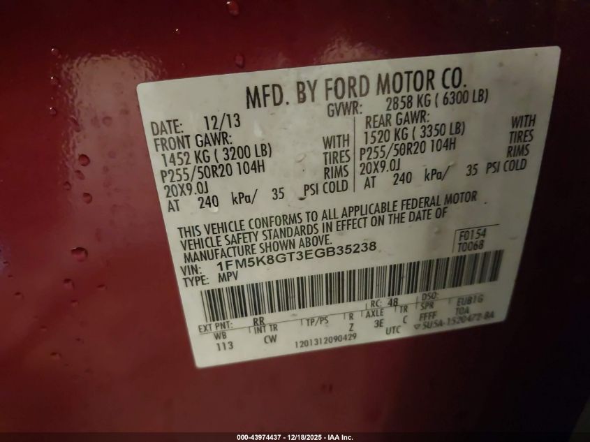 2014 Ford Explorer Sport VIN: 1FM5K8GT3EGB35238 Lot: 43974437
