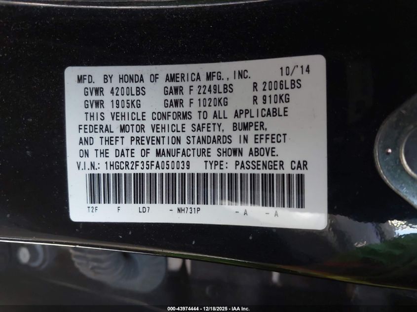 2015 Honda Accord Lx VIN: 1HGCR2F35FA050039 Lot: 43974444