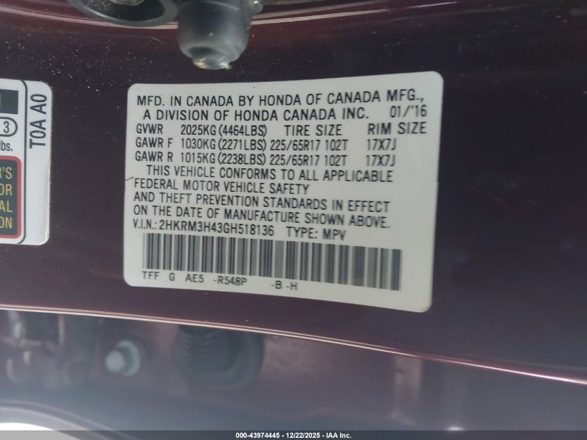 2016 Honda Cr-V Se VIN: 2HKRM3H43GH518136 Lot: 43974445