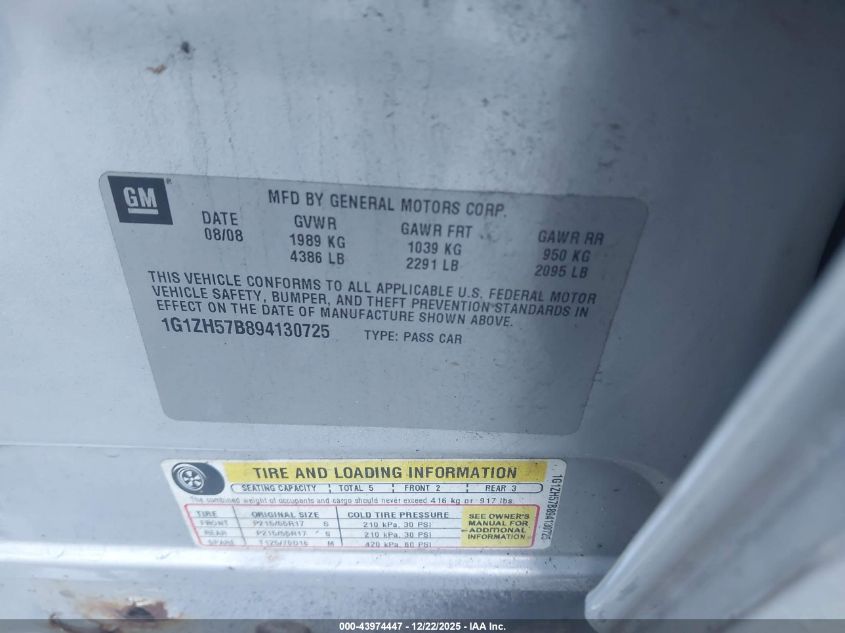 2009 Chevrolet Malibu Lt VIN: 1G1ZH57B894130725 Lot: 43974447