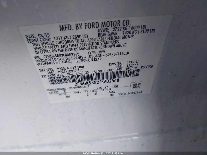 2015 Ford Flex Se VIN: 2FMGK5B82FBA02568 Lot: 43974446