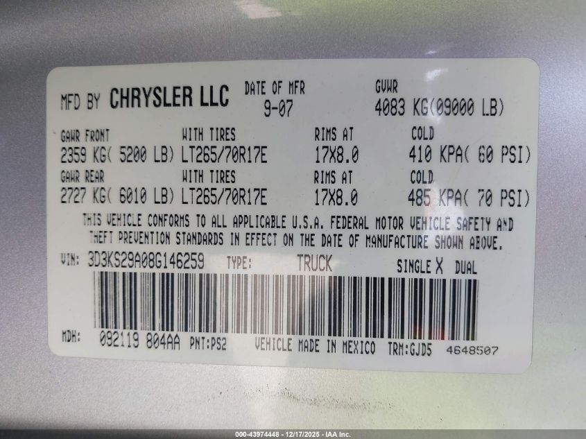 2008 Dodge Ram 2500 Laramie VIN: 3D3KS29A08G146259 Lot: 43974448