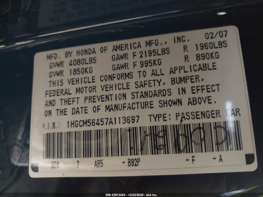 2007 Honda Accord 2.4 Lx VIN: 1HGCM56457A113697 Lot: 43974452