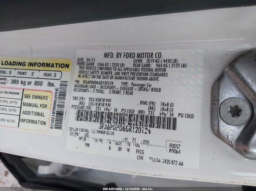 2016 Ford Fusion Se VIN: 3FA6P0HD6GR120124 Lot: 43974456