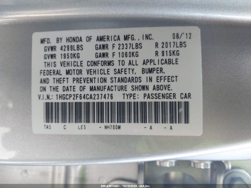 2012 Honda Accord 2.4 Se VIN: 1HGCP2F64CA237476 Lot: 43974461