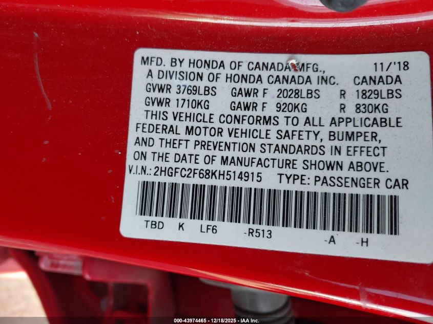 2019 Honda Civic Lx VIN: 2HGFC2F68KH514915 Lot: 43974465