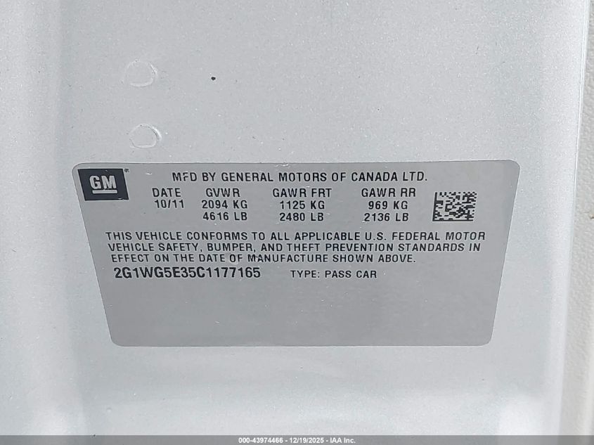 2012 Chevrolet Impala Lt VIN: 2G1WG5E35C1177165 Lot: 43974466