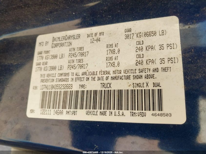 2005 Dodge Ram 1500 Slt/Laramie VIN: 1D7HU18N35S232669 Lot: 43974469