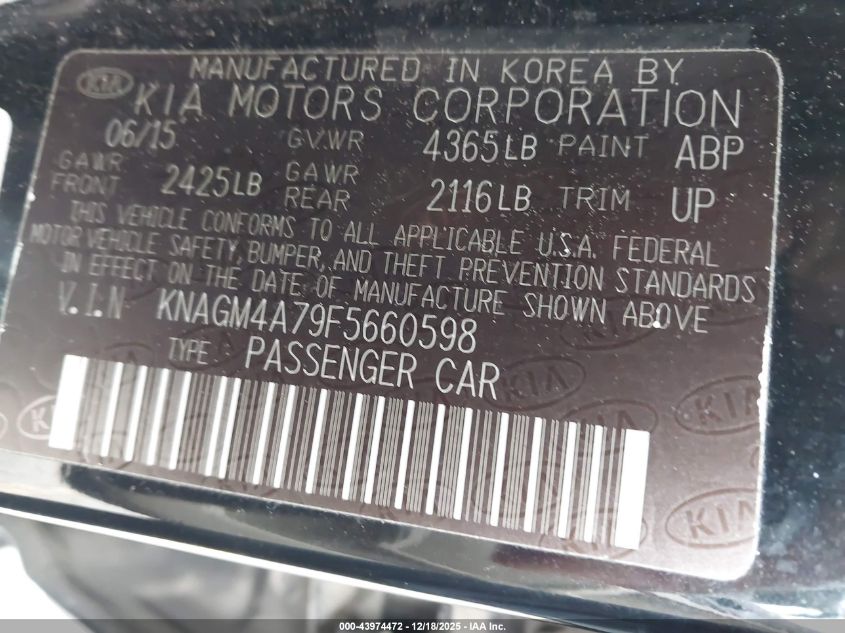 2015 Kia Optima Lx VIN: KNAGM4A79F5660598 Lot: 43974472