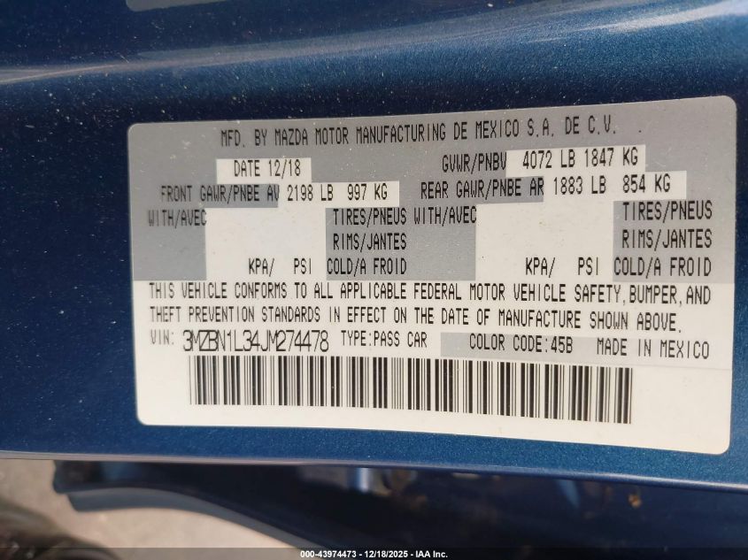 2018 Mazda Mazda3 Touring VIN: 3MZBN1L34JM274478 Lot: 43974473
