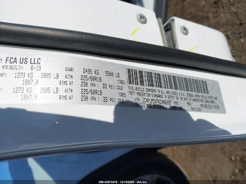 2019 Jeep Cherokee Limited 4X4 VIN: 1C4PJMDX7KD482097 Lot: 43974476