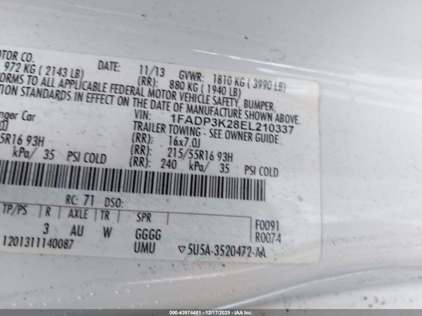 2014 Ford Focus Se VIN: 1FADP3K28EL210337 Lot: 43974481