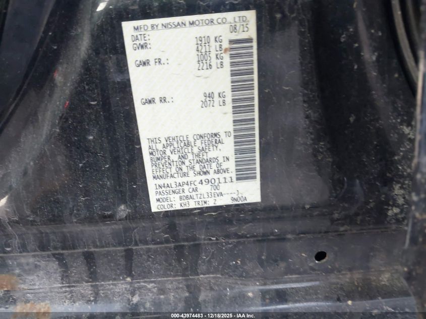 2015 Nissan Altima 2.5 Sl VIN: 1N4AL3AP4FC490111 Lot: 43974483