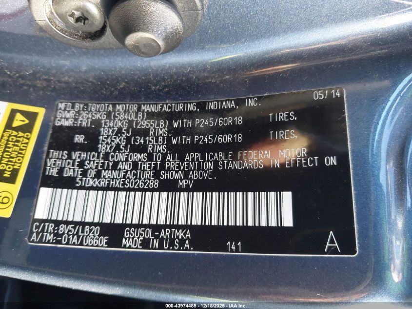 2014 Toyota Highlander Xle V6 VIN: 5TDKKRFHXES026288 Lot: 43974485