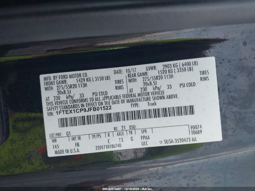 2018 Ford F-150 Xlt VIN: 1FTEX1CP9JFB01522 Lot: 43974487