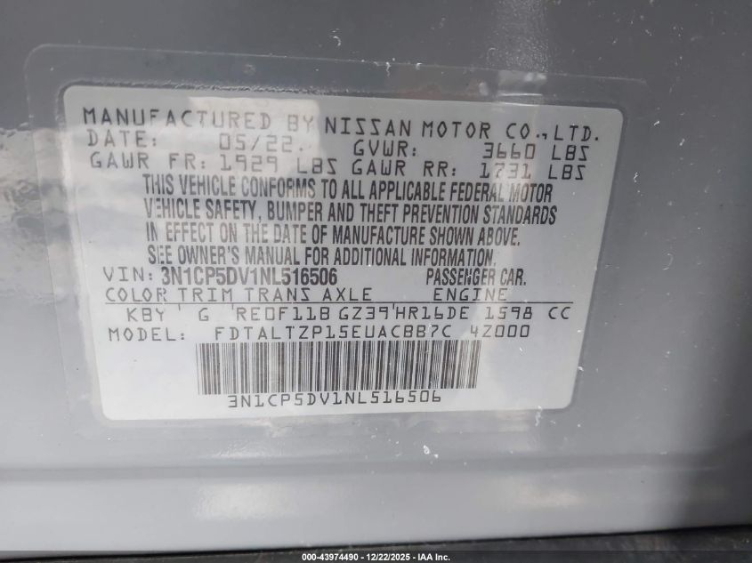 2022 Nissan Kicks Sr Xtronic Cvt VIN: 3N1CP5DV1NL516506 Lot: 43974490