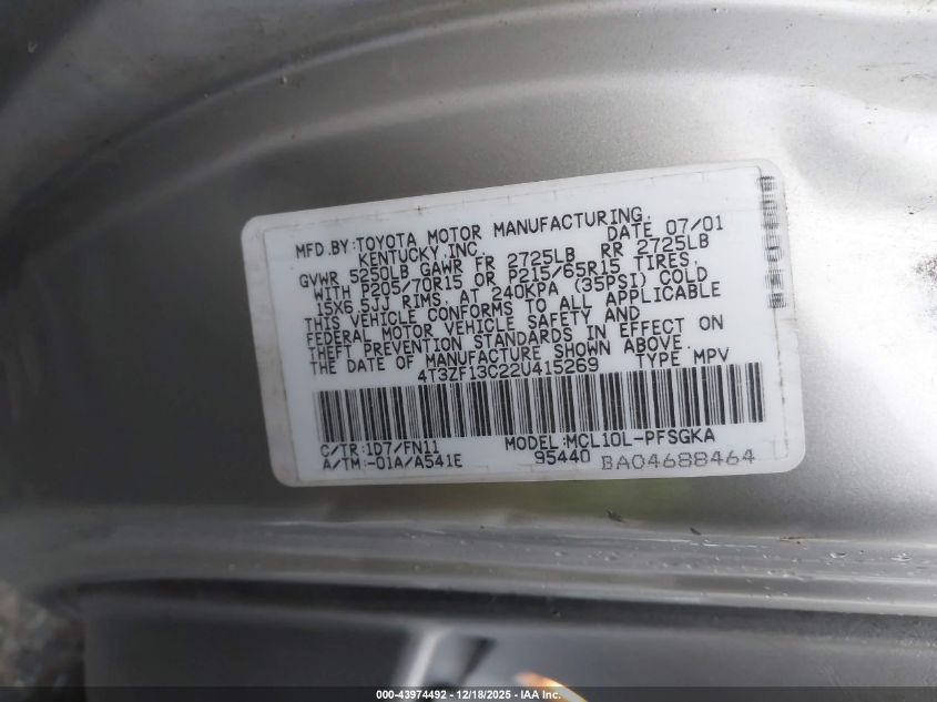 2002 Toyota Sienna Le VIN: 4T3ZF13C22U415269 Lot: 43974492