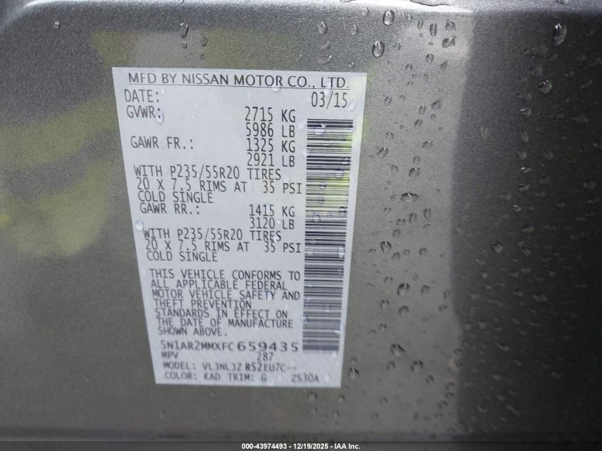 2015 Nissan Pathfinder Platinum VIN: 5N1AR2MMXFC659435 Lot: 43974493