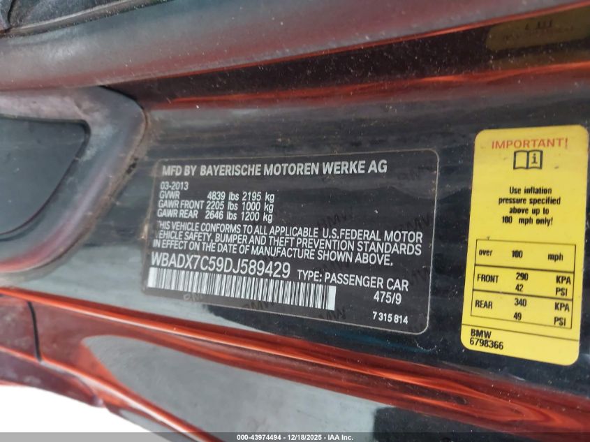 2013 BMW 335I VIN: WBADX7C59DJ589429 Lot: 43974494