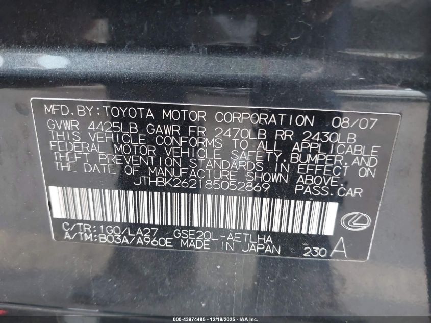 2008 Lexus Is 250 VIN: JTHBK262185052869 Lot: 43974495