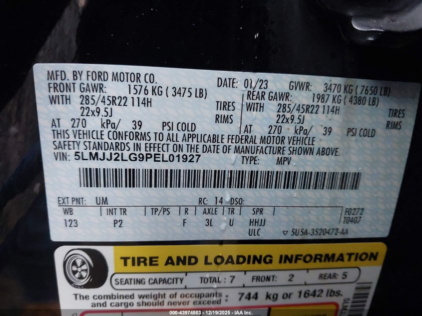 2023 Lincoln Navigator Reserve VIN: 5LMJJ2LG9PEL01927 Lot: 43974503