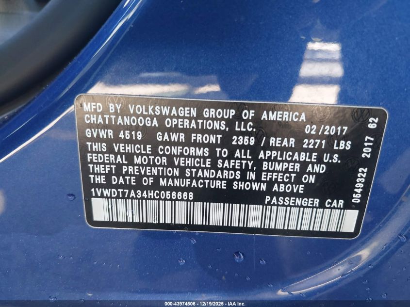 2017 Volkswagen Passat 1.8T R-Line VIN: 1VWDT7A34HC056668 Lot: 43974506