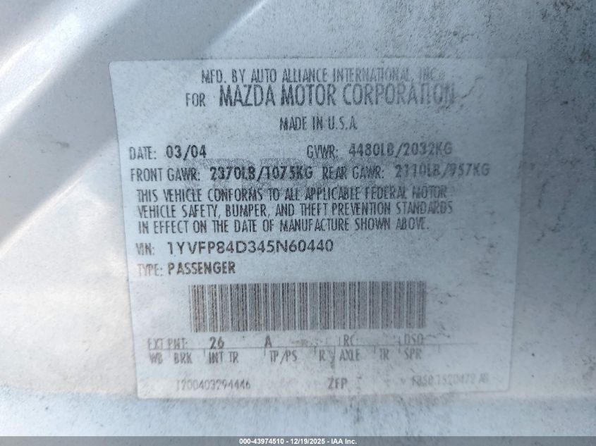 2004 Mazda Mazda6 S VIN: 1YVFP84D345N60440 Lot: 43974510