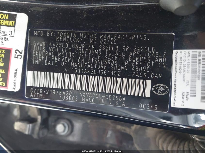 2020 Toyota Camry Se VIN: 4T1G11AK3LU361152 Lot: 43974511