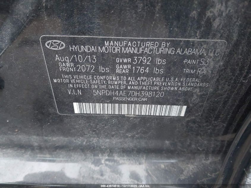 2013 Hyundai Elantra Gls VIN: 5NPDH4AE7DH398120 Lot: 43974518