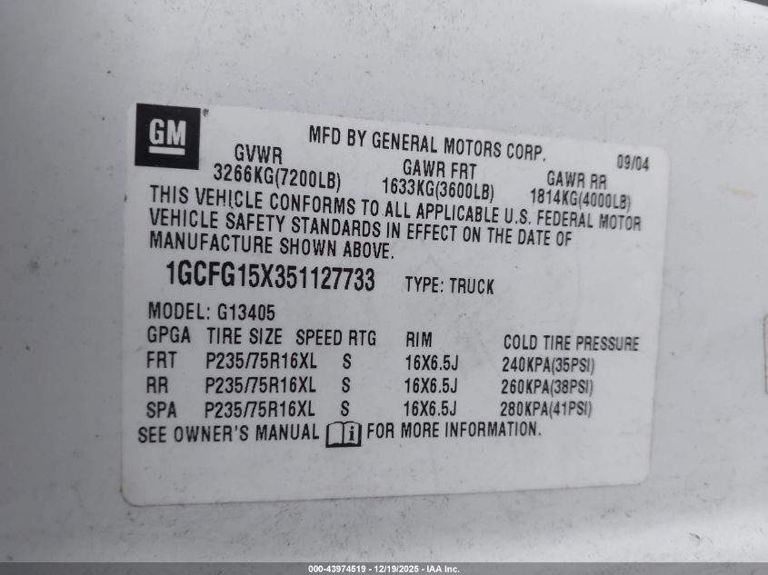 2005 Chevrolet Express VIN: 1GNFG15T851143916 Lot: 43974519