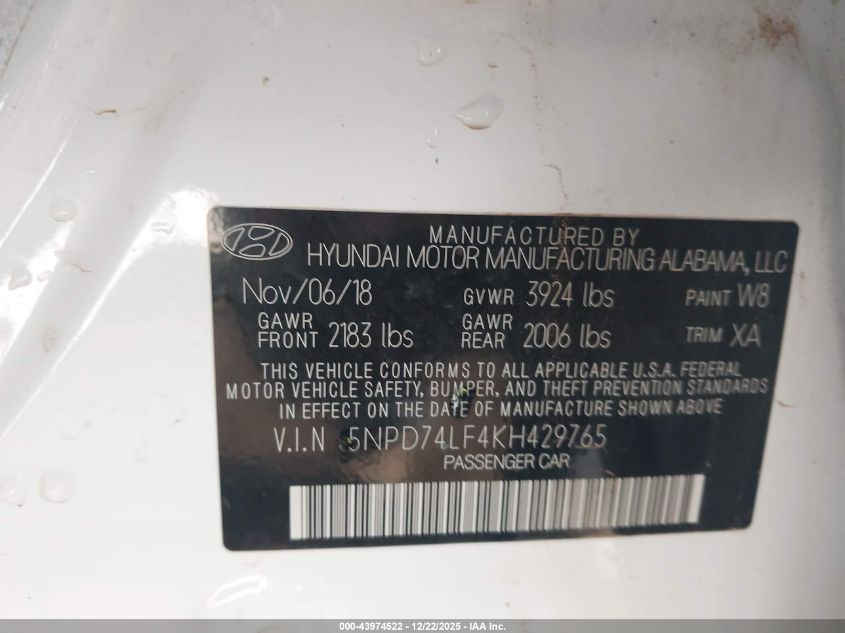 2019 Hyundai Elantra Se VIN: 5NPD74LF4KH429765 Lot: 43974522