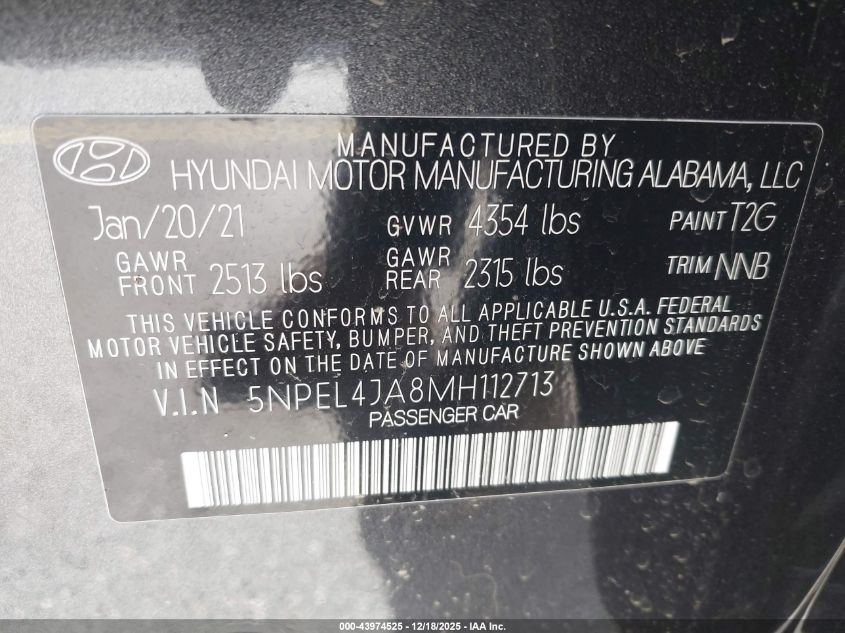 2021 Hyundai Sonata Sel VIN: 5NPEL4JA8MH112713 Lot: 43974525