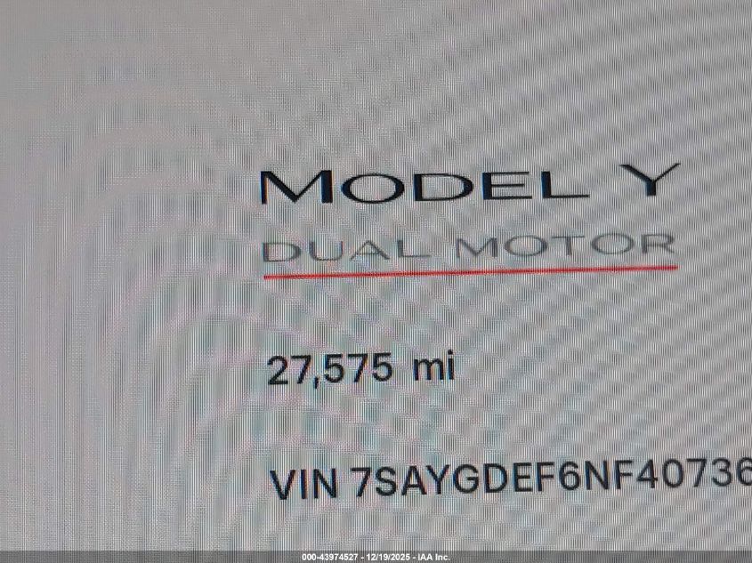 2022 Tesla Model Y Performance Dual Motor All-Wheel Drive VIN: 7SAYGDEF6NF407366 Lot: 43974527