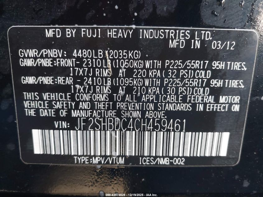 2012 Subaru Forester 2.5X Premium VIN: JF2SHBDC4CH459461 Lot: 43974528