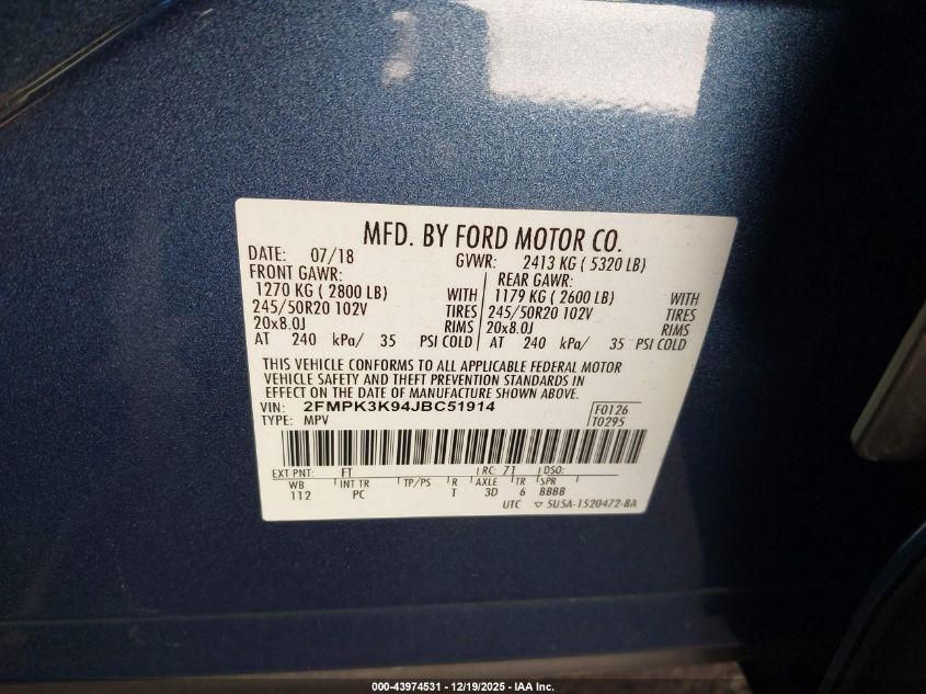 2018 Ford Edge Titanium VIN: 2FMPK3K94JBC51914 Lot: 43974531