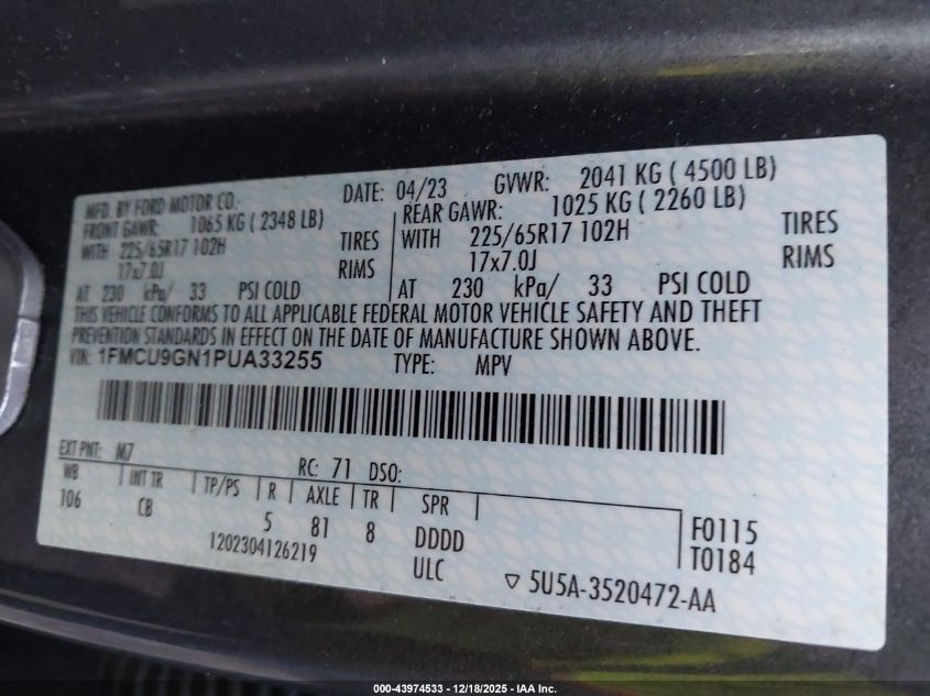 2023 Ford Escape Active VIN: 1FMCU9GN1PUA33255 Lot: 43974533