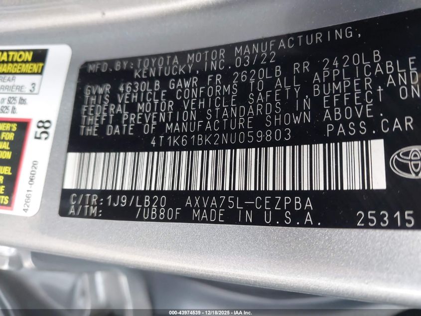 2022 Toyota Camry Xse Awd VIN: 4T1K61BK2NU059803 Lot: 43974539