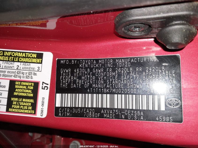 2021 Toyota Camry Se Awd VIN: 4T1T11BK7MU020500 Lot: 43974547