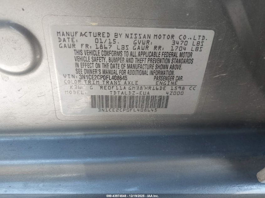 2015 Nissan Versa Note S (Sr)/S Plus/Sl/Sr/Sv VIN: 3N1CE2CP0FL408645 Lot: 43974548