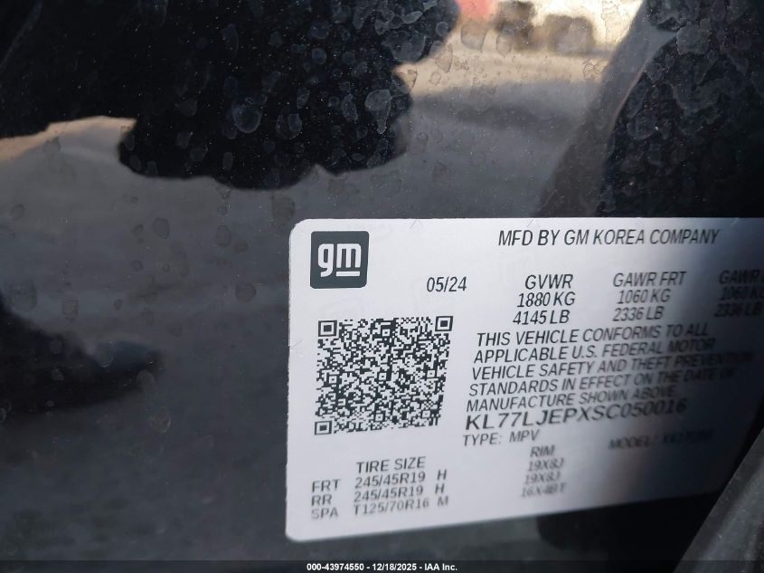 2025 Chevrolet Trax Fwd 2Rs VIN: KL77LJEPXSC050016 Lot: 43974550