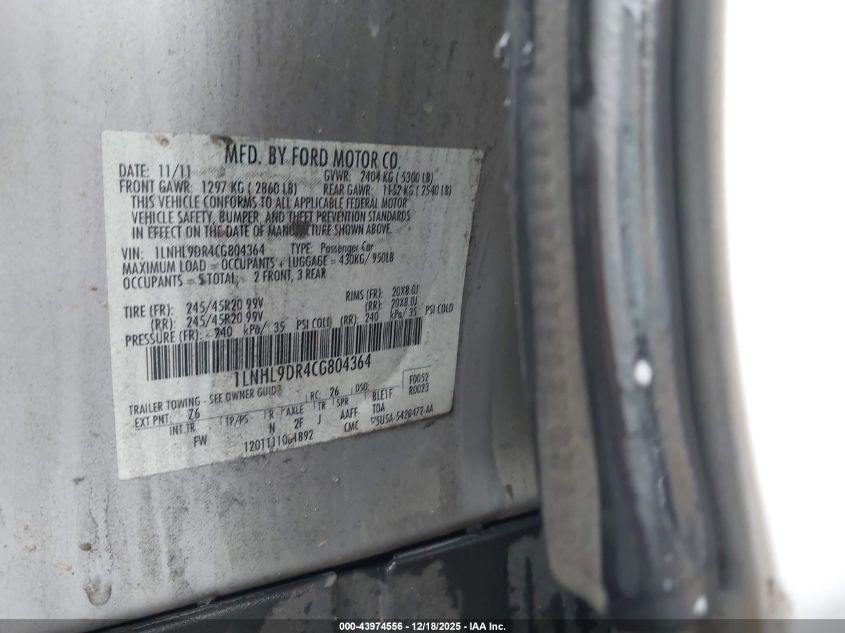 2012 Lincoln Mks VIN: 1LNHL9DR4CG804364 Lot: 43974556